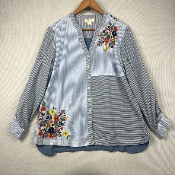 Style & Co. Striped Embroidered Floral Blouse LARGE Boho Cottagecore Lightweight - Picture 2 of 13